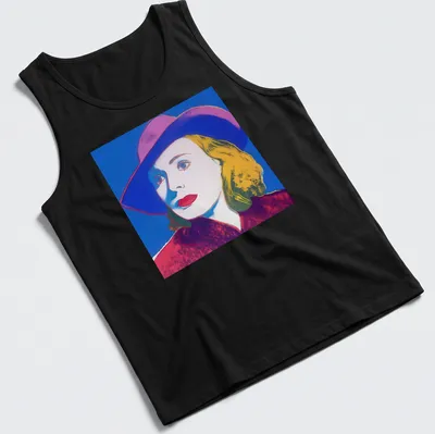 Pop Art portrait of Ingrid Bergman with hat in vibrant colors — printed on a tank top