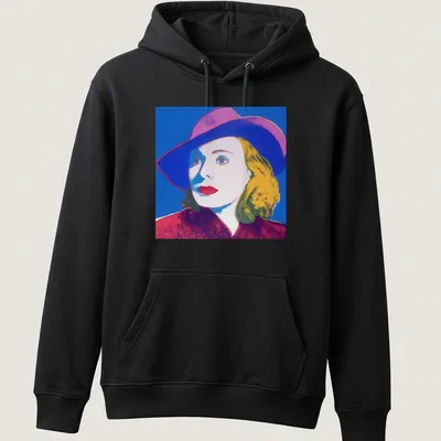 Pop Art portrait of Ingrid Bergman with hat in vibrant colors — printed on a unisex hoodie