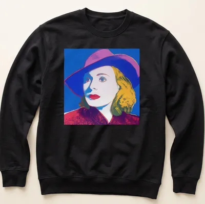 Pop Art portrait of Ingrid Bergman with hat in vibrant colors — printed on a unisex sweatshirt