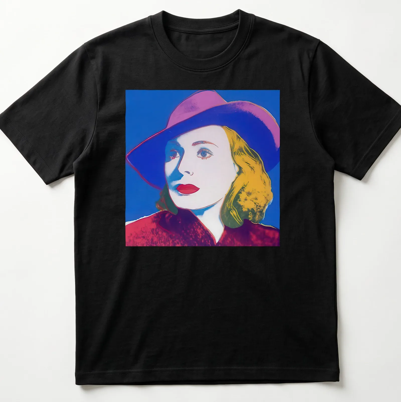 Pop Art portrait of Ingrid Bergman with hat in vibrant colors — printed on a unisex t-shirt