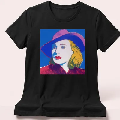 Pop Art portrait of Ingrid Bergman with hat in vibrant colors — printed on a women's shirt