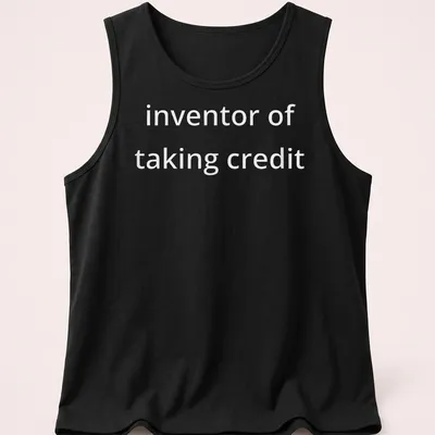 Bold text saying 'inventor of taking credit' on a — printed on a tank top