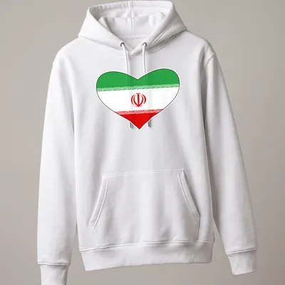 Heart shape featuring the Iranian flag in green, white, and red — printed on a unisex hoodie
