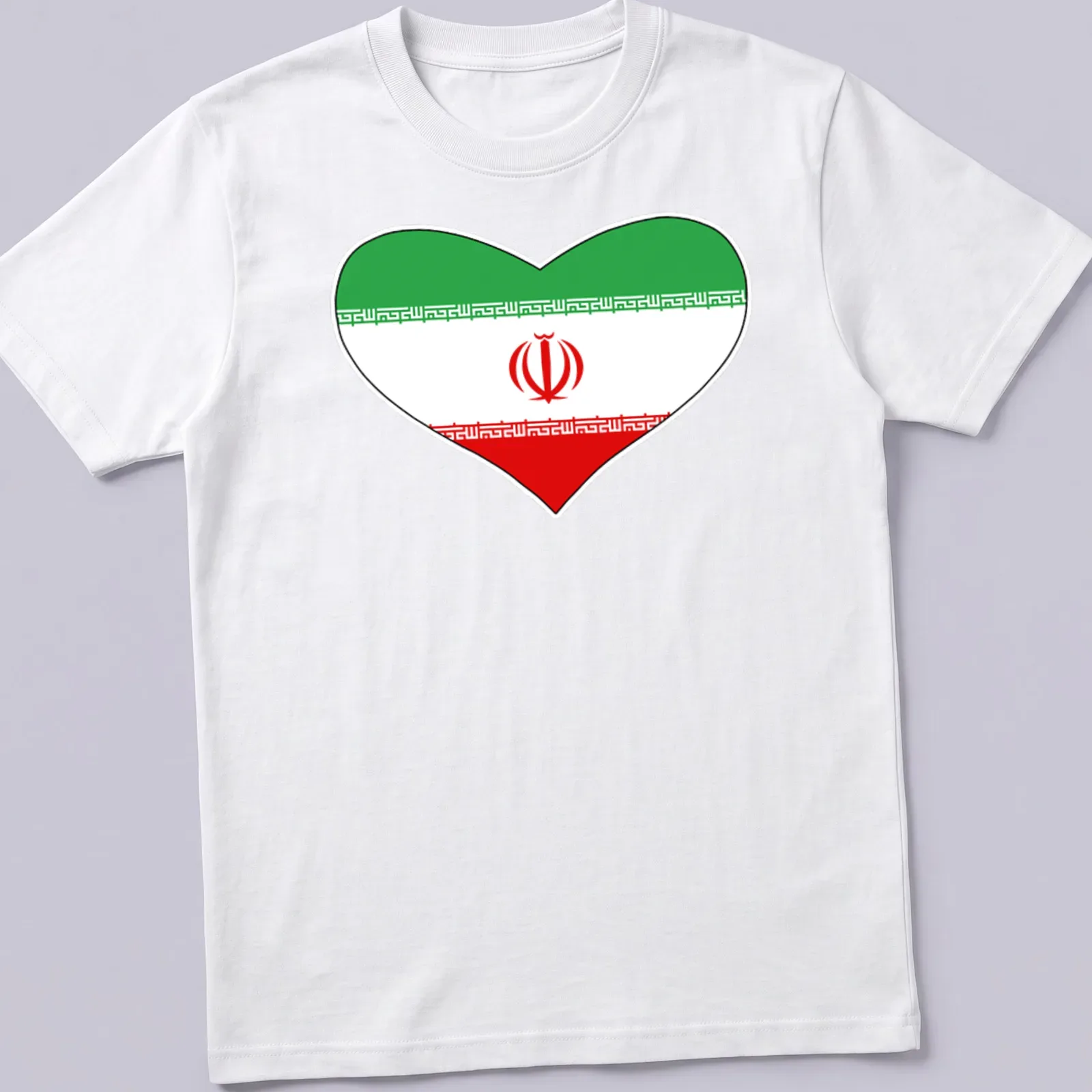 Heart shape featuring the Iranian flag in green, white, and red — printed on a unisex t-shirt
