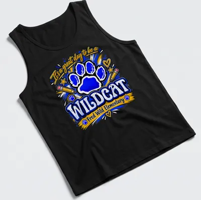 Playful illustration of a wildcat paw print with colorful text for school pride — printed on a tank top