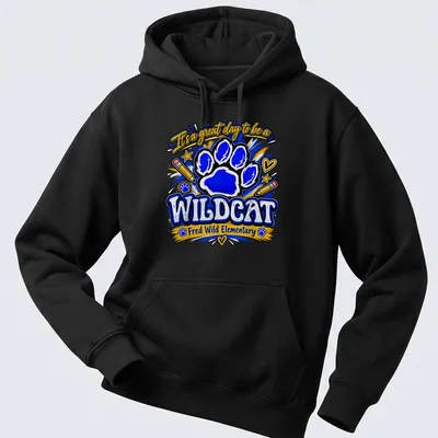Playful illustration of a wildcat paw print with colorful text for school pride — printed on a unisex hoodie