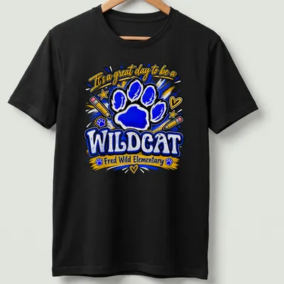 Playful illustration of a wildcat paw print with colorful text for school pride — printed on a unisex t-shirt