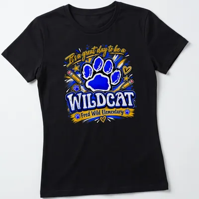 Playful illustration of a wildcat paw print with colorful text for school pride — printed on a women's shirt