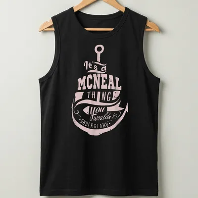 Vintage graphic tee featuring a fishing hook and fish with humor about the McNeal family. — printed on a tank top
