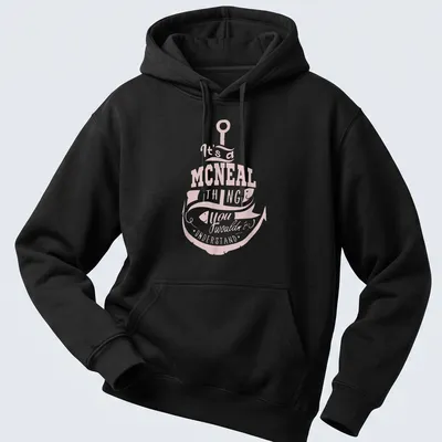 Vintage graphic tee featuring a fishing hook and fish with humor about the McNeal family. — printed on a unisex hoodie