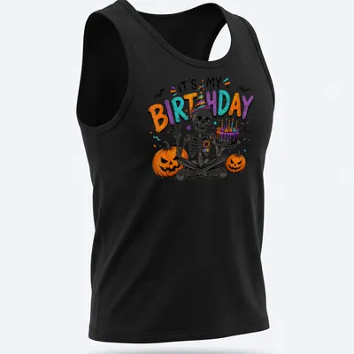 Colorful cartoon skeleton with party hat and birthday text on Halloween — printed on a tank top