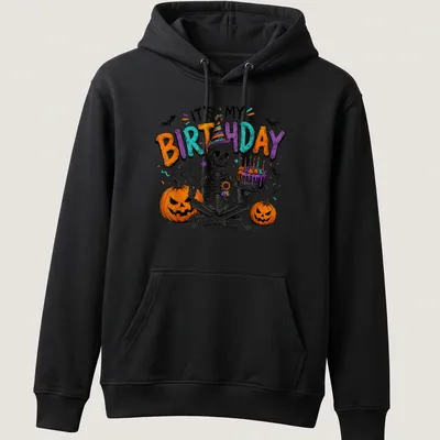 Colorful cartoon skeleton with party hat and birthday text on Halloween — printed on a unisex hoodie