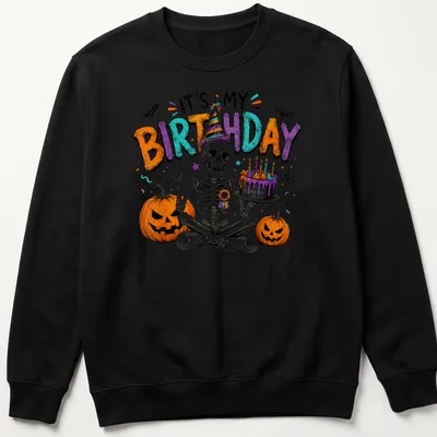 Colorful cartoon skeleton with party hat and birthday text on Halloween — printed on a unisex sweatshirt