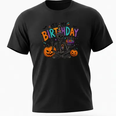 Colorful cartoon skeleton with party hat and birthday text on Halloween tee