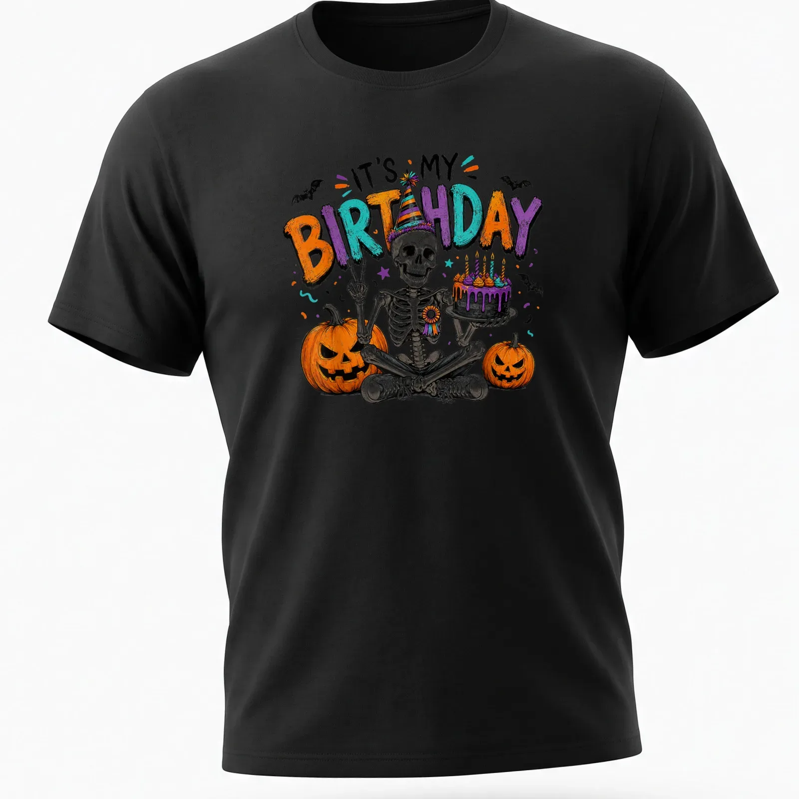 Colorful cartoon skeleton with party hat and birthday text on Halloween — printed on a unisex t-shirt