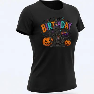 Colorful cartoon skeleton with party hat and birthday text on Halloween — printed on a women's shirt