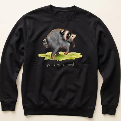 Watercolor print of a raccoon with the text it's ok to be weird in soft colors. — printed on a unisex sweatshirt