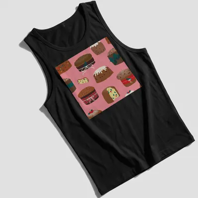 Whimsical illustration of pink Italian panettone cakes for Christmas — printed on a tank top