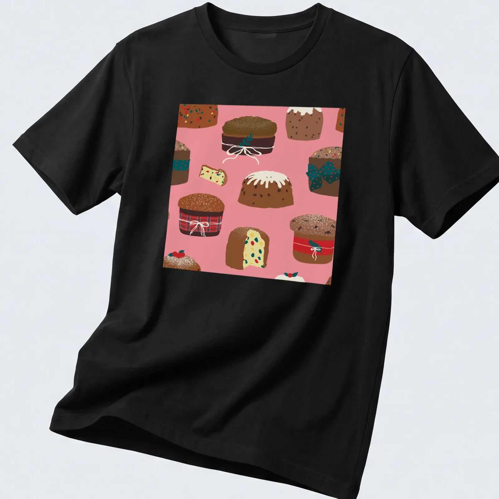 Whimsical illustration of pink Italian panettone cakes for Christmas — printed on a unisex t-shirt