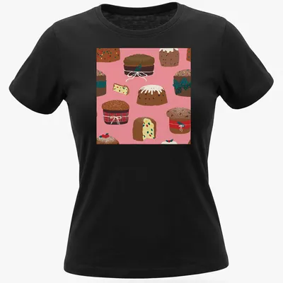 Whimsical illustration of pink Italian panettone cakes for Christmas — printed on a women's shirt