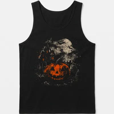 Vintage gothic T-shirt featuring a jack o' lantern and a haunted house — printed on a tank top