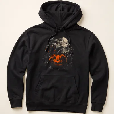 Vintage gothic T-shirt featuring a jack o' lantern and a haunted house — printed on a unisex hoodie