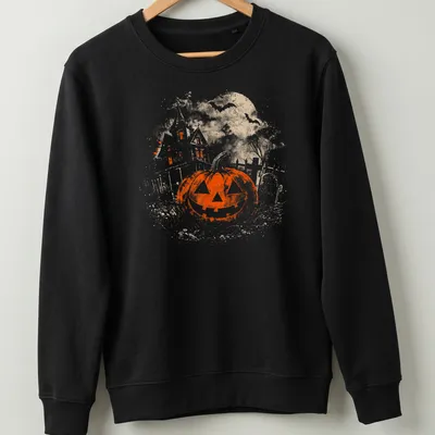 Vintage gothic T-shirt featuring a jack o' lantern and a haunted house — printed on a unisex sweatshirt