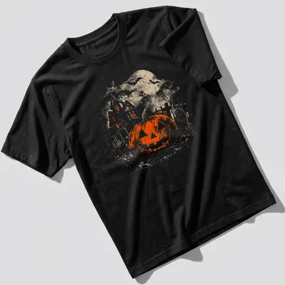 Vintage gothic T-shirt featuring a jack o' lantern and a haunted house
