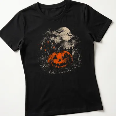 Vintage gothic T-shirt featuring a jack o' lantern and a haunted house — printed on a women's shirt