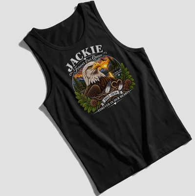 Illustration of a bald eagle with text honoring Jackie for Big Bear Lake — printed on a tank top