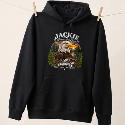 Illustration of a bald eagle with text honoring Jackie for Big Bear Lake — printed on a unisex hoodie