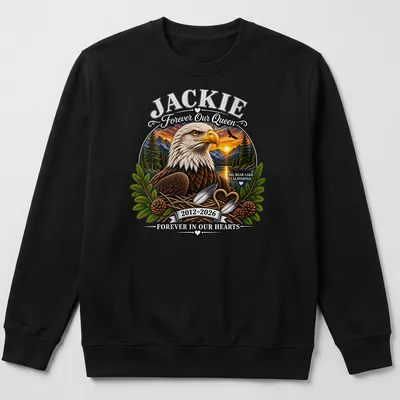 Illustration of a bald eagle with text honoring Jackie for Big Bear Lake — printed on a unisex sweatshirt
