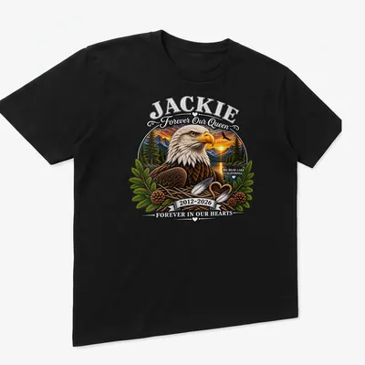 Illustration of a bald eagle with text honoring Jackie for Big Bear Lake — printed on a unisex t-shirt (angled view)