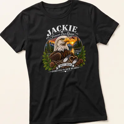 Illustration of a bald eagle with text honoring Jackie for Big Bear Lake — printed on a women's shirt