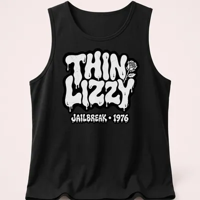 Melting text design featuring THIN LIZZY JAILBREAK - 1976 in black and white — printed on a tank top