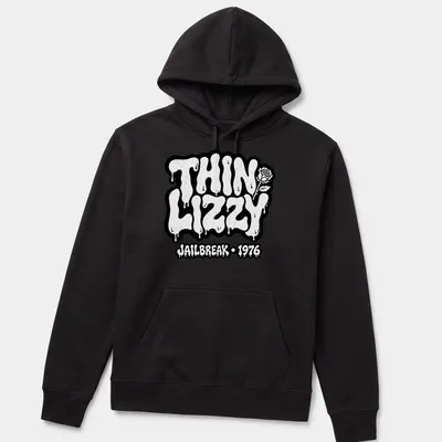 Melting text design featuring THIN LIZZY JAILBREAK - 1976 in black and white — printed on a unisex hoodie