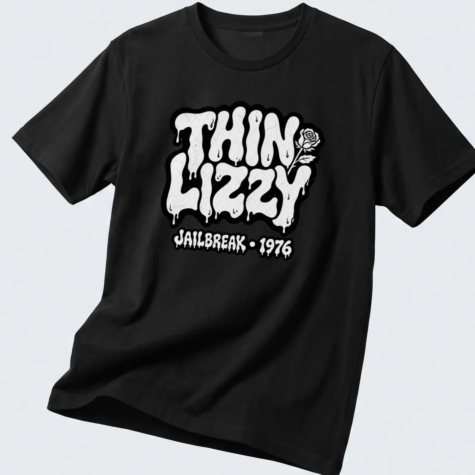 Melting text design featuring THIN LIZZY JAILBREAK - 1976 in black and white — printed on a unisex t-shirt