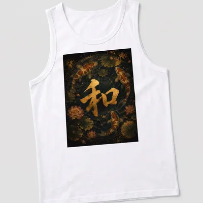 Vintage Japanese tee featuring koi fish and the symbol '和' in serene colors. — printed on a tank top