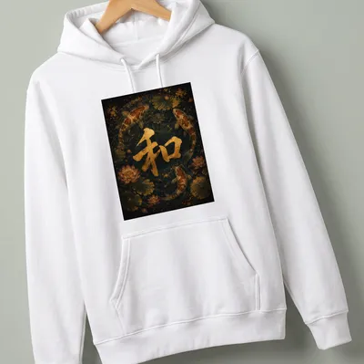 Vintage Japanese tee featuring koi fish and the symbol '和' in serene colors. — printed on a unisex hoodie