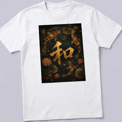 Vintage Japanese tee featuring koi fish and the symbol '和' in serene colors.