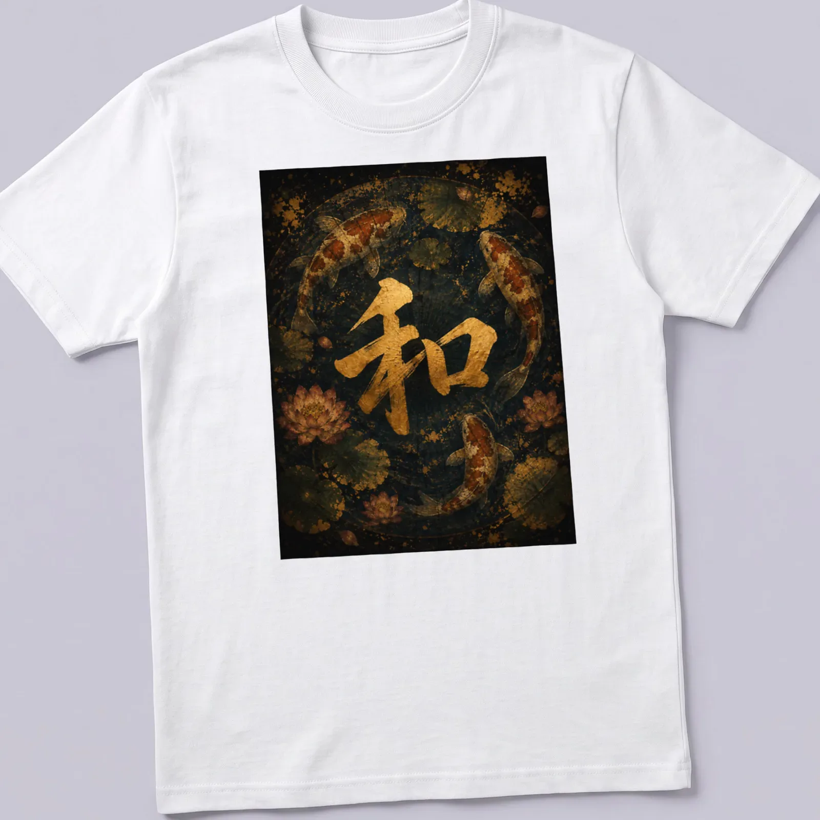 Vintage Japanese tee featuring koi fish and the symbol '和' in serene colors. — printed on a unisex t-shirt