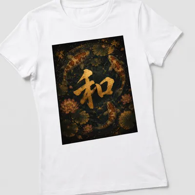 Vintage Japanese tee featuring koi fish and the symbol '和' in serene colors. — printed on a women's shirt