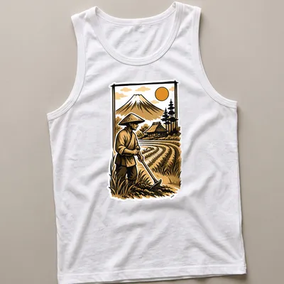 Vintage illustration of a Japanese rice farmer with Mount Fuji in the background — printed on a tank top