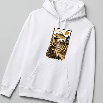 Vintage illustration of a Japanese rice farmer with Mount Fuji in the background — printed on a unisex hoodie
