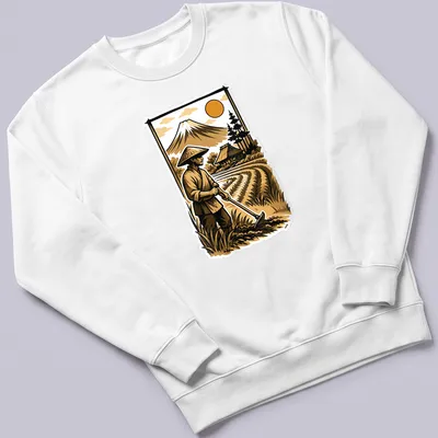 Vintage illustration of a Japanese rice farmer with Mount Fuji in the background — printed on a unisex sweatshirt