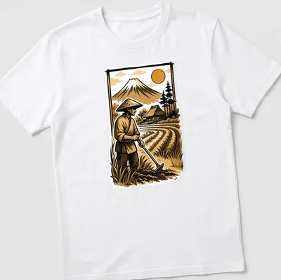 Vintage illustration of a Japanese rice farmer with Mount Fuji in the background — printed on a unisex t-shirt