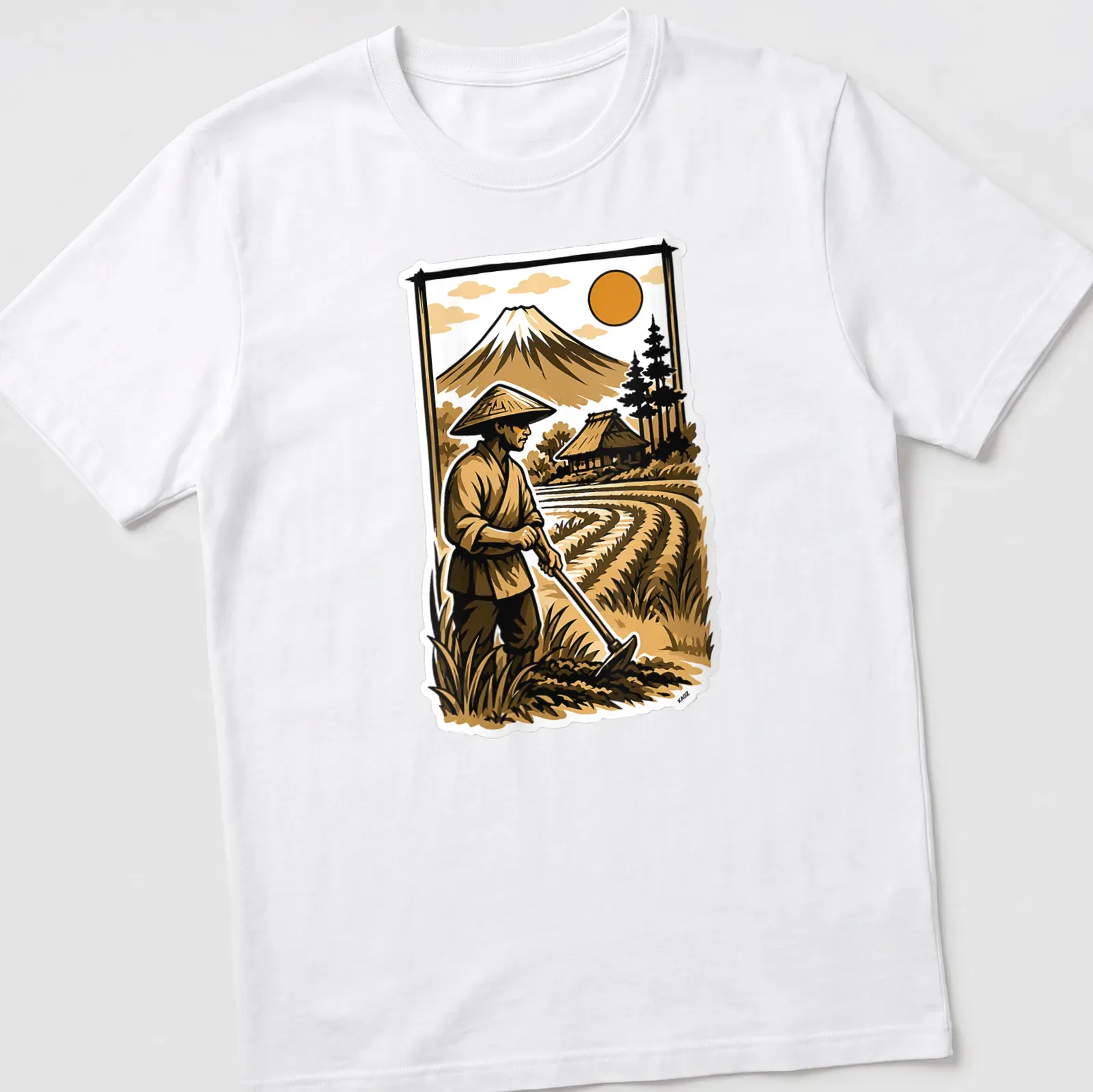 Vintage illustration of a Japanese rice farmer with Mount Fuji in the background — printed on a unisex t-shirt