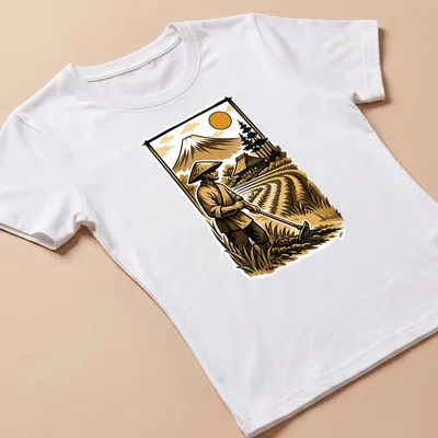 Vintage illustration of a Japanese rice farmer with Mount Fuji in the background — printed on a women's shirt