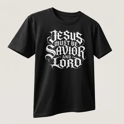 Ornate lettering of 'Jesus Must Be Savior And Lord' in black and white — printed on a unisex t-shirt (angled view)