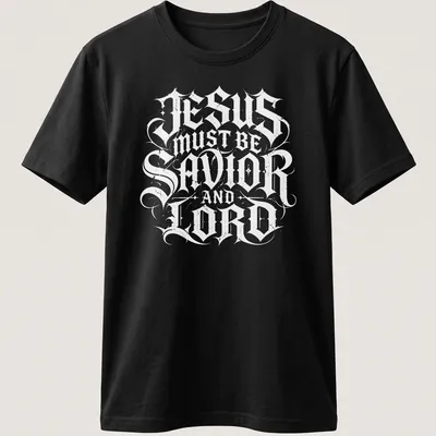 Ornate lettering of 'Jesus Must Be Savior And Lord' in black and white